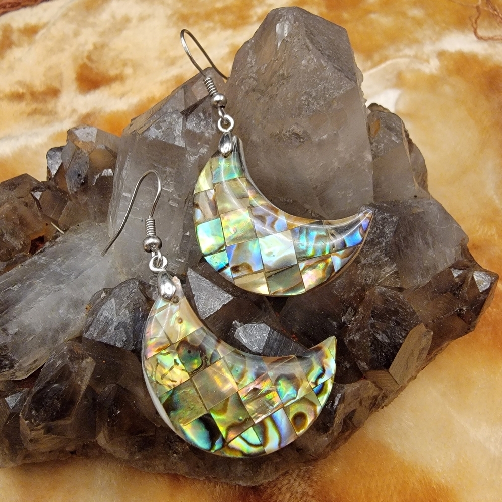 Abalone Mother of Pearl Crescent Moon Shell MOP Shepard Hook Earrings